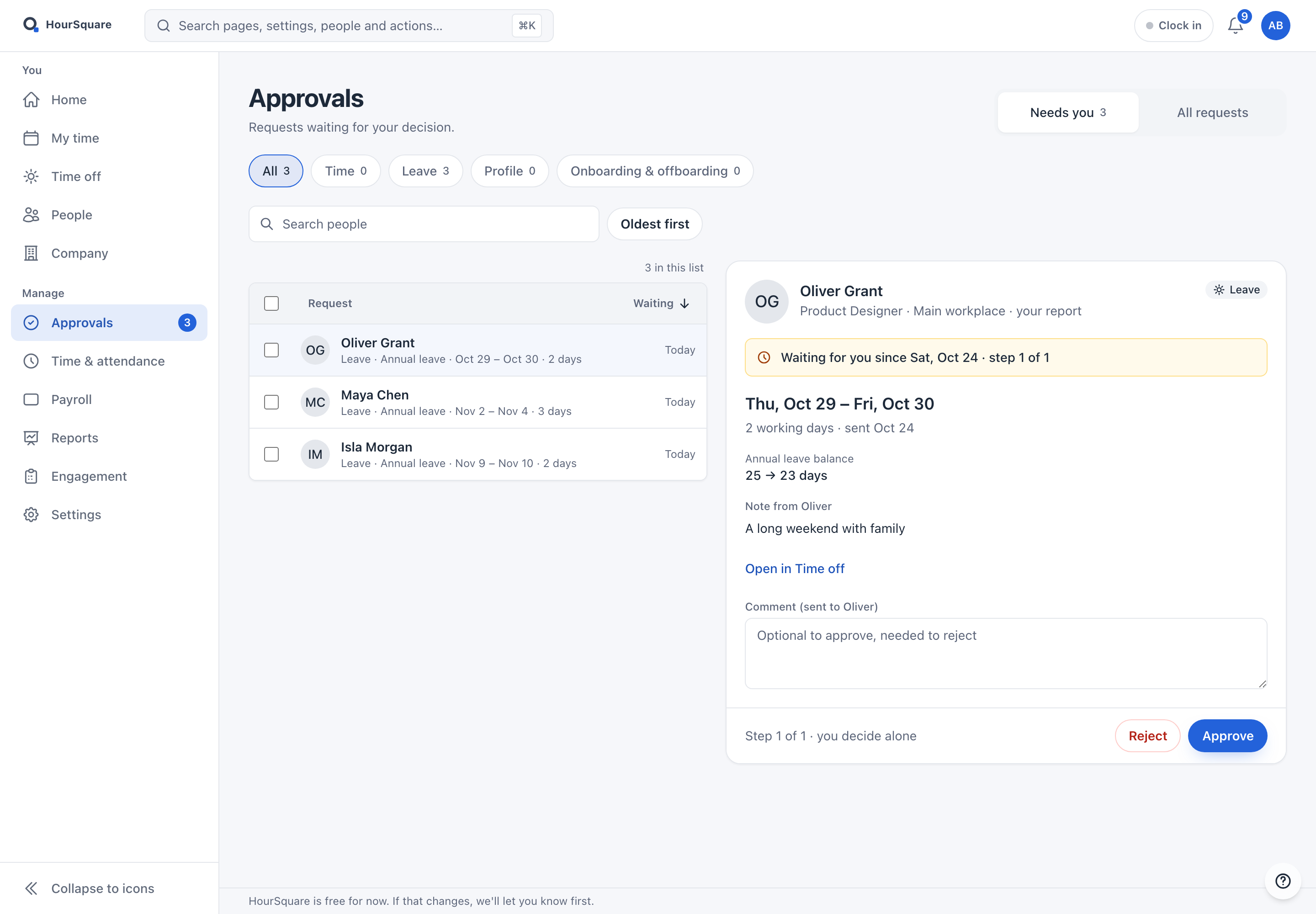 The HourSquare approvals screen of a fictional company: three leave requests waiting for a decision, with the selected request's dates, leave balance and note