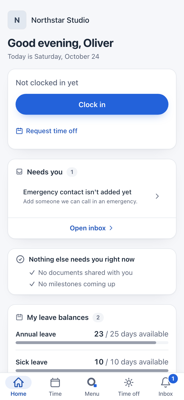 The HourSquare employee home on a phone, for a fictional employee: clock in, requests that need action and leave balances