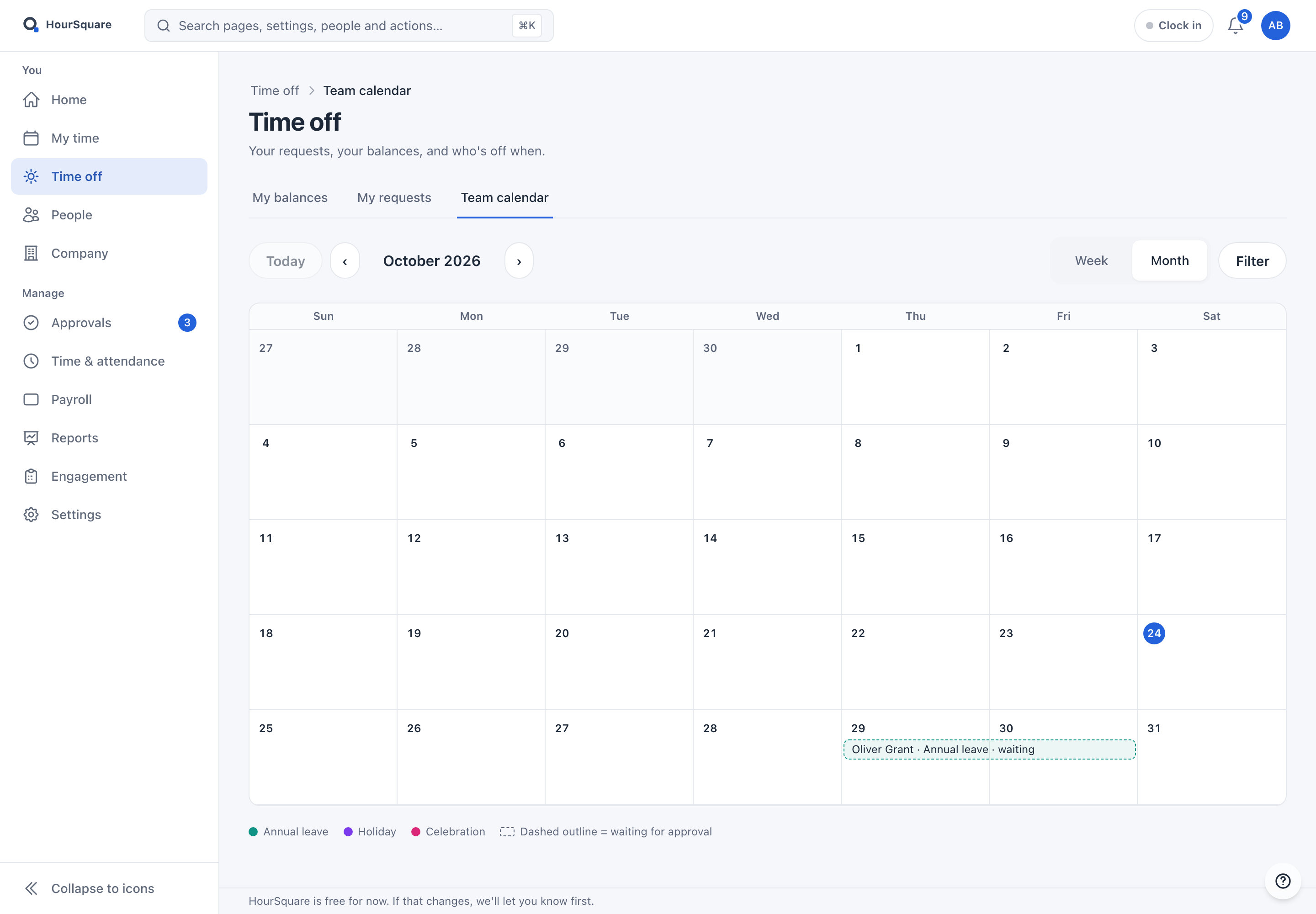 The HourSquare team calendar for a fictional company, showing a month with a time-off request waiting for approval