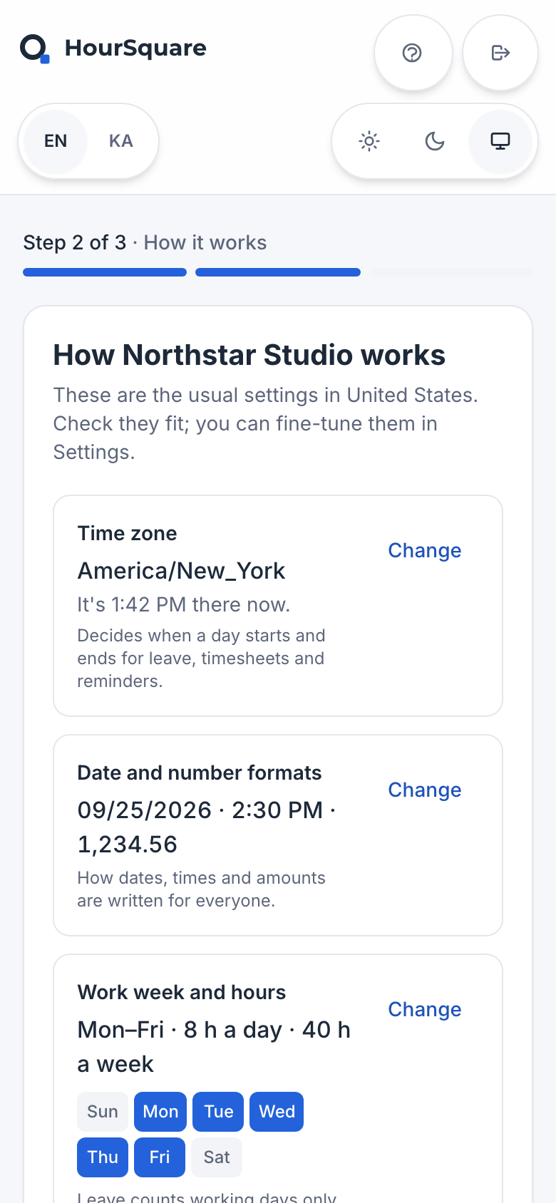 HourSquare Hub company creation, step 2 of 3, How it works: time zone, date formats, work week and hours and public holidays with Change buttons, and a consent checkbox for the data processing agreement.