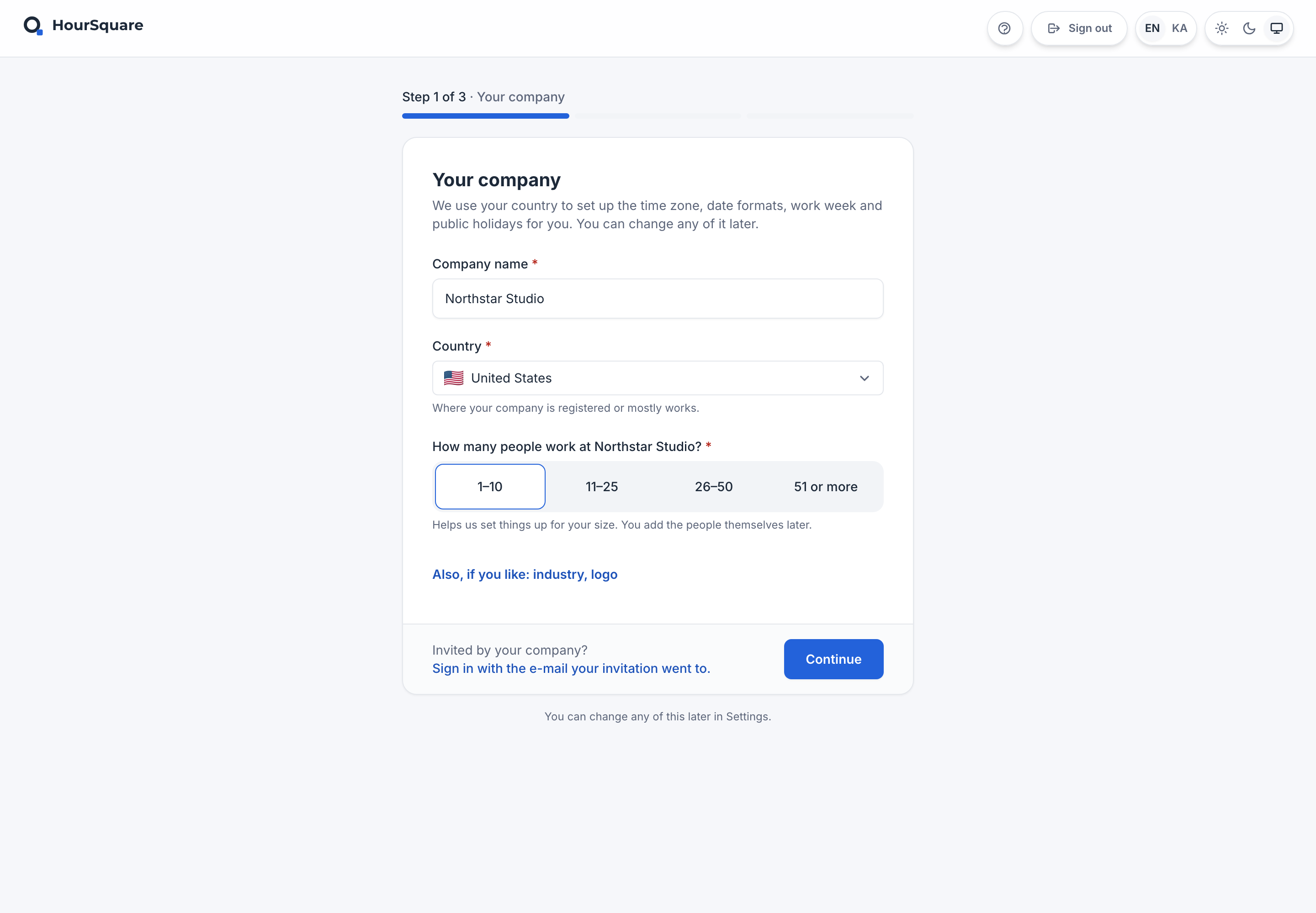HourSquare Hub company creation, step 1 of 3, Your company: company name, country and team-size choices.