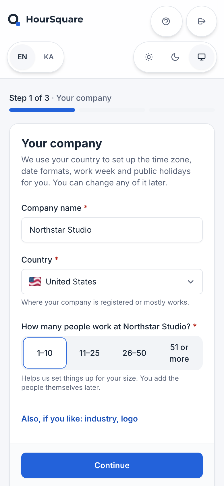 HourSquare Hub company creation, step 1 of 3, Your company: company name, country and team-size choices.