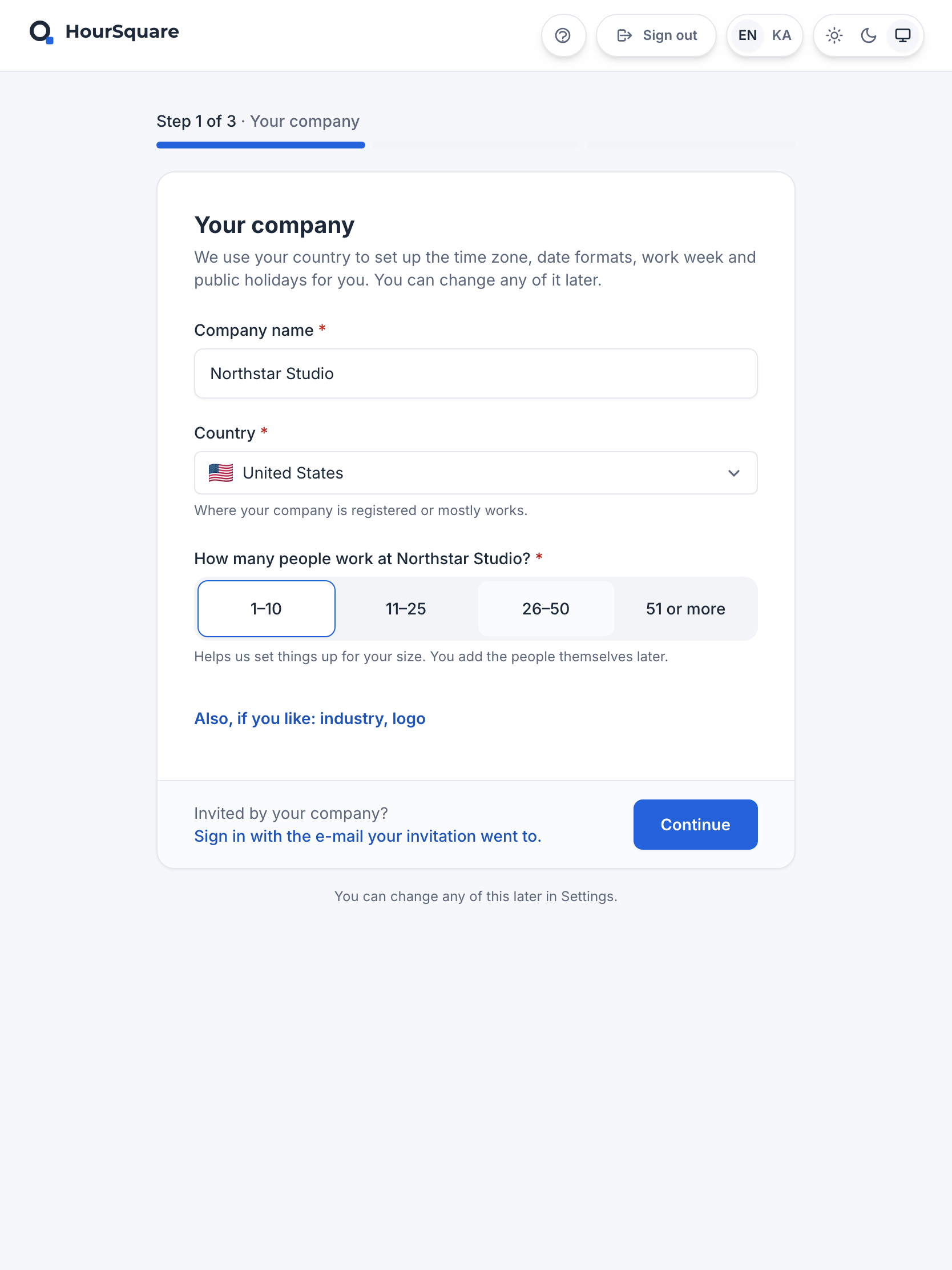 HourSquare Hub company creation, step 1 of 3, Your company: company name, country and team-size choices.