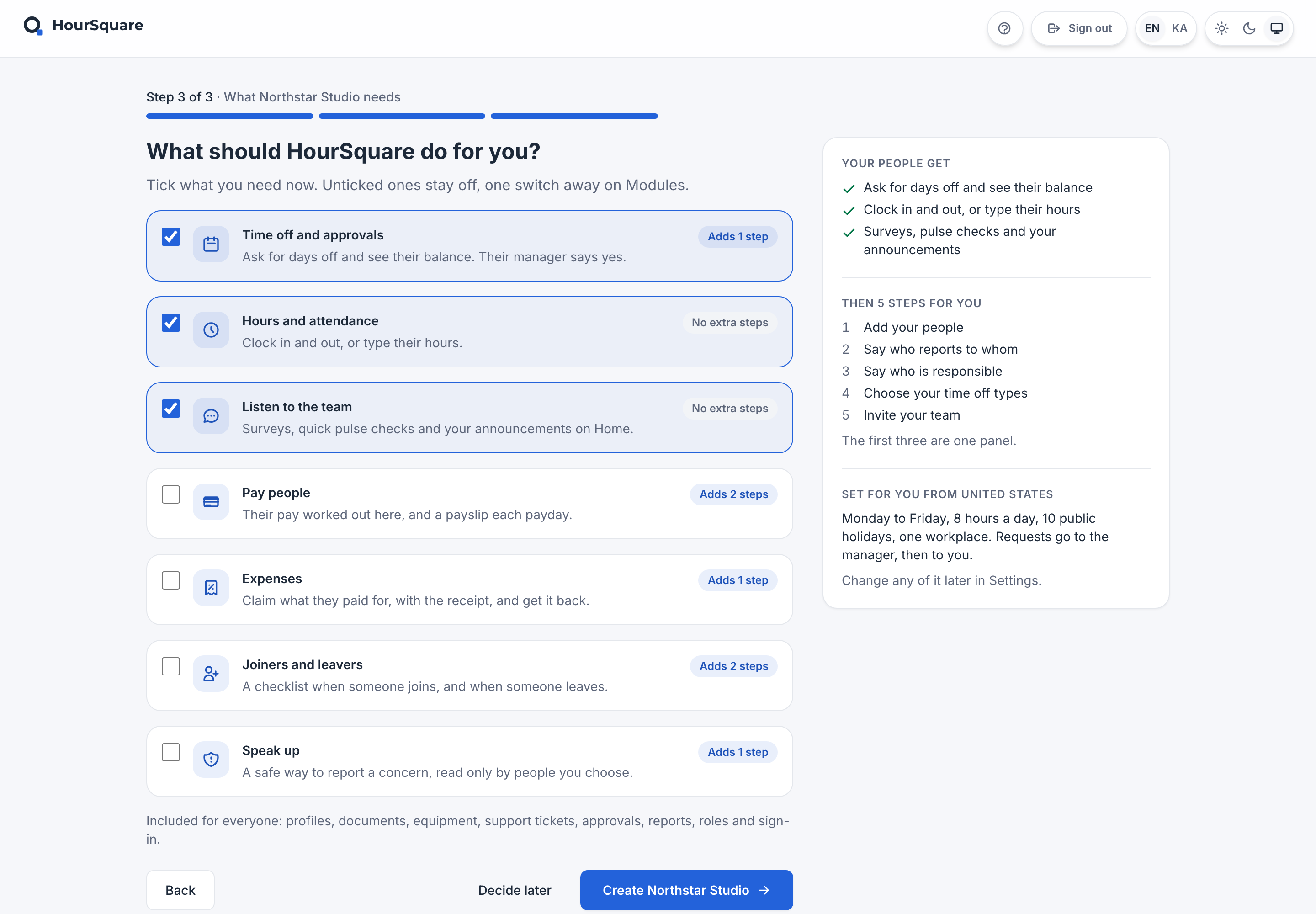 The HourSquare company setup, step 3 of 3, for a fictional company: starting needs, with modules to tick and a summary of what each choice adds