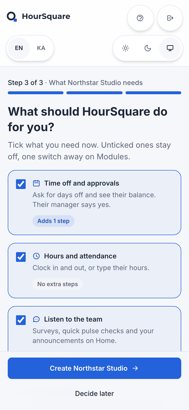 The HourSquare company setup, step 3 of 3, for a fictional company: starting needs, with modules to tick and a summary of what each choice adds