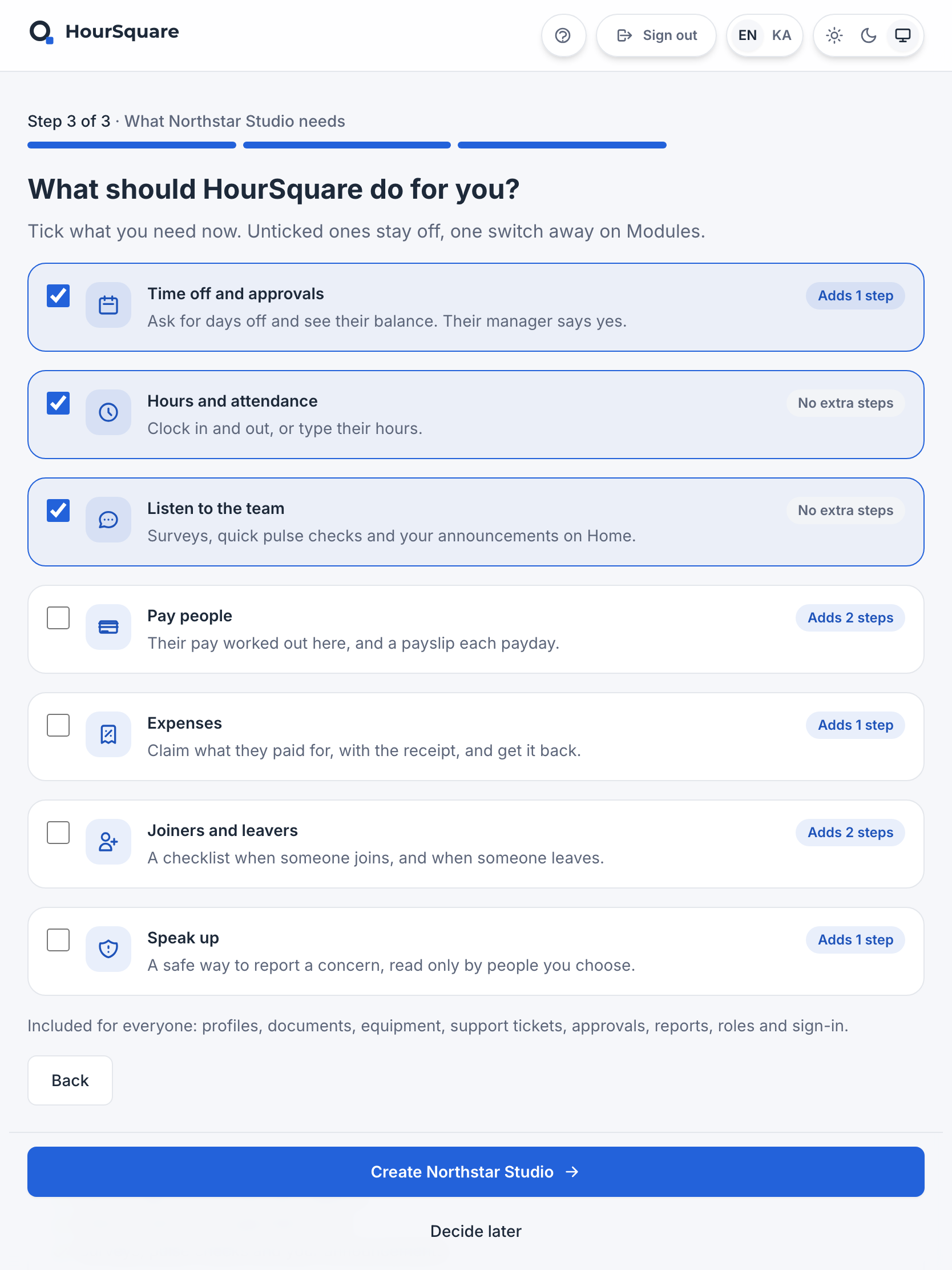 The HourSquare company setup, step 3 of 3, for a fictional company: starting needs, with modules to tick and a summary of what each choice adds