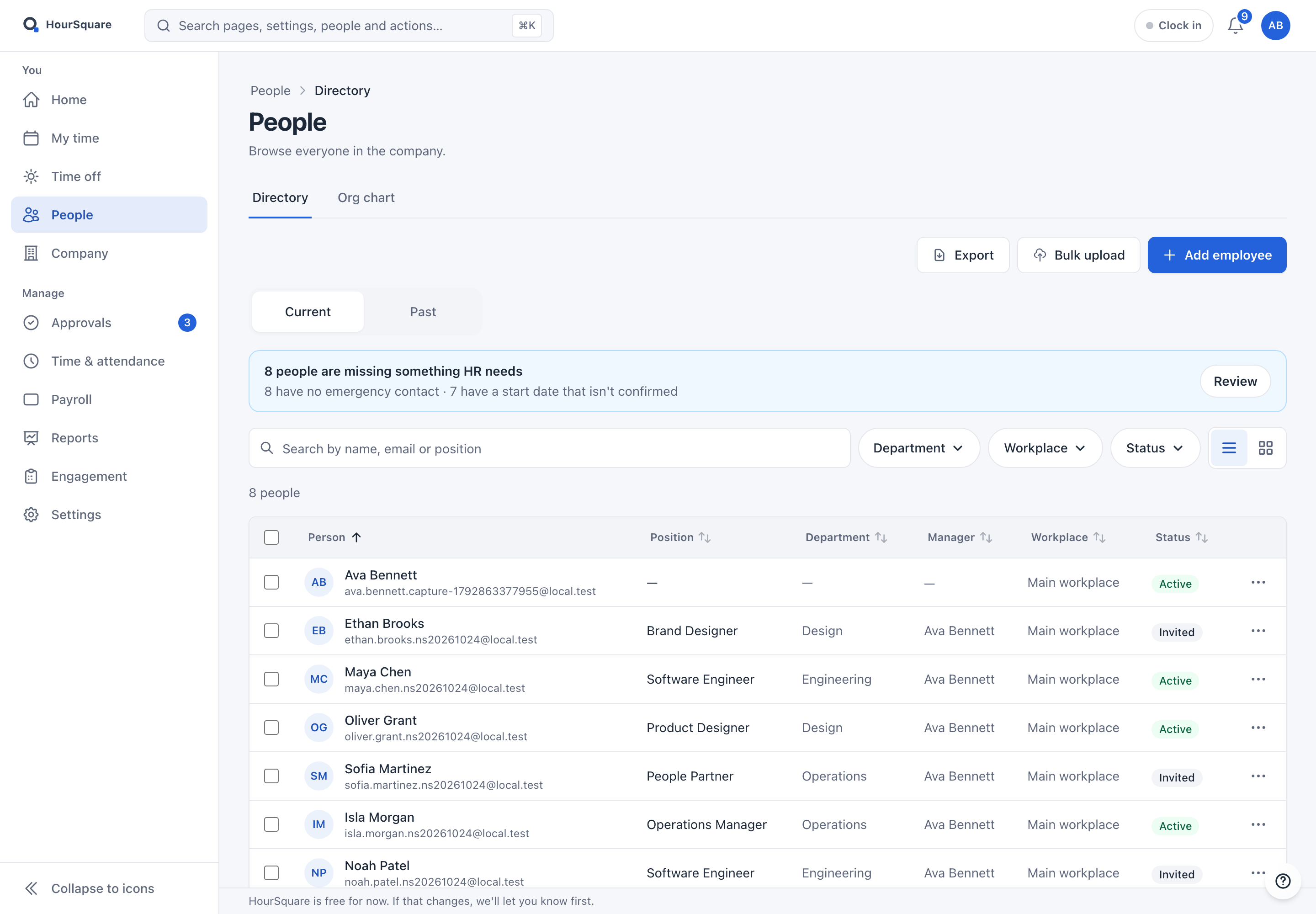 HourSquare Hub People directory listing eight fictional Northstar Studio employees with position, department, manager, workplace and Active or Invited status.