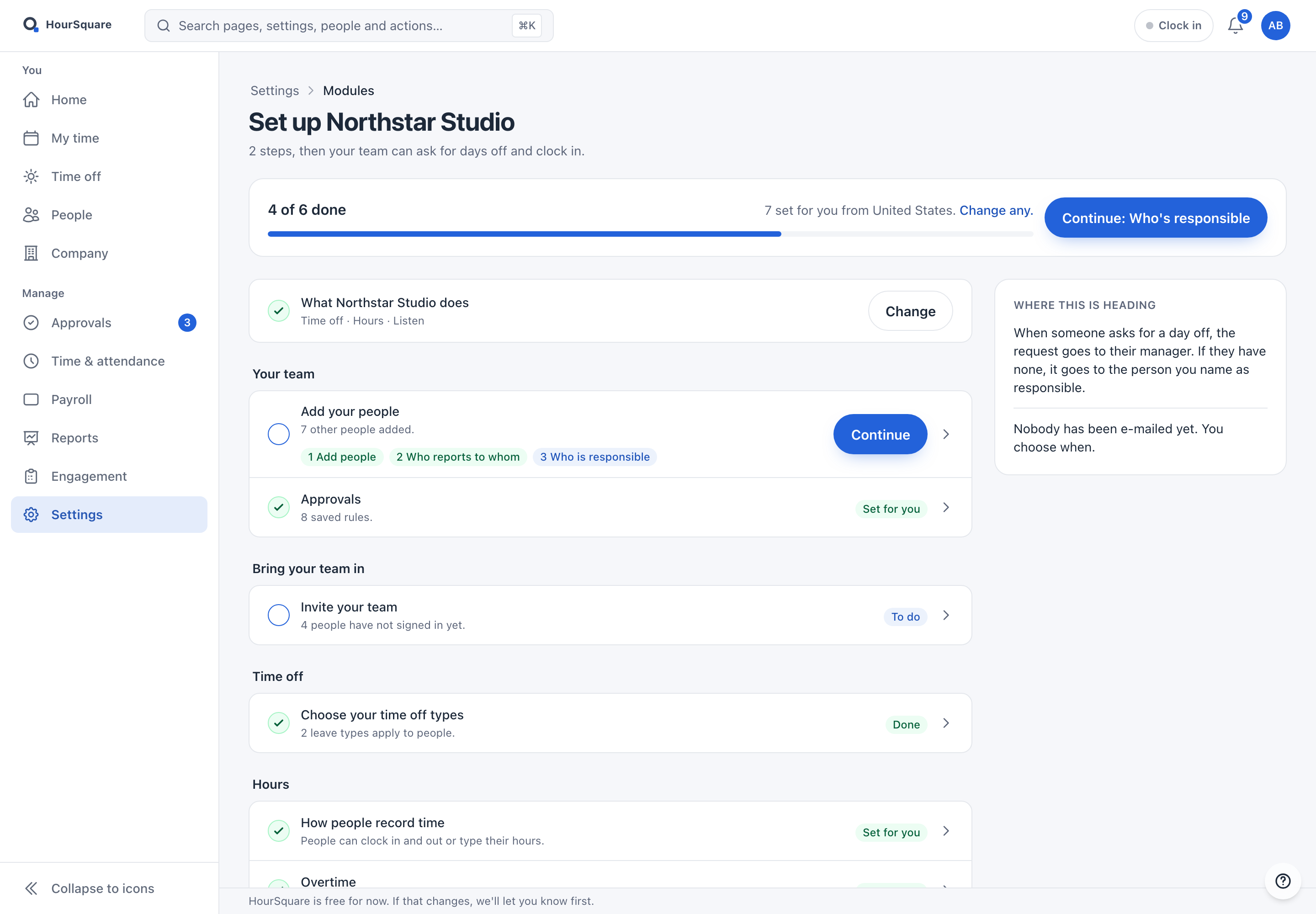 HourSquare Hub Settings, Modules: a setup checklist titled Set up Northstar Studio, showing 4 of 6 done, with groups for your team, bringing your team in, time off and hours.