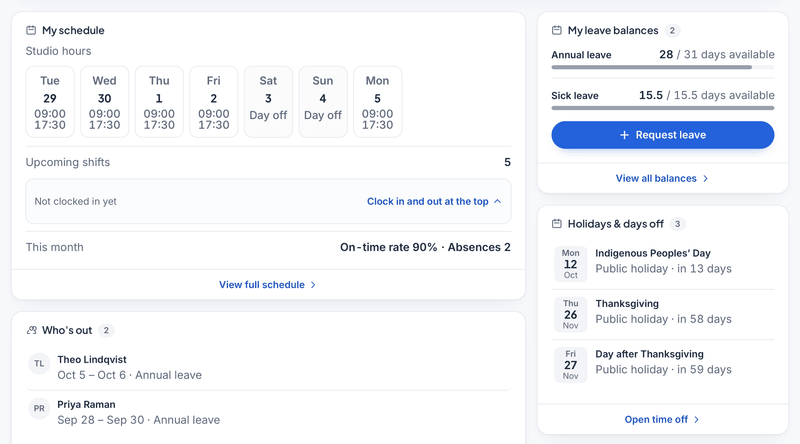 An employee’s HourSquare home (demo data): the week’s schedule, leave balances with a Request leave button, who is out, and the upcoming holidays.