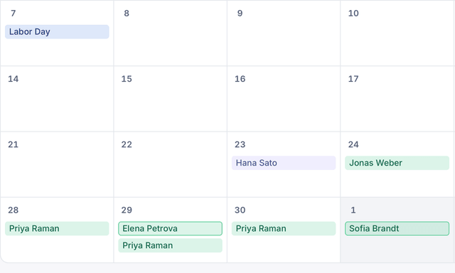 Team calendar in HourSquare showing who is off this month (demo data).