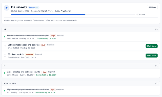 A new hire’s onboarding checklist in HourSquare: progress, owners and due dates (demo data).