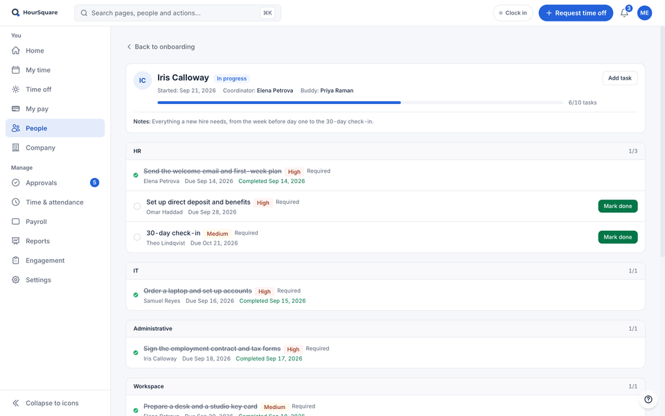 A new hire’s onboarding checklist in HourSquare, with demo data: coordinator and buddy, progress, and tasks grouped by area, each with its owner and due date — some done, some still to do.