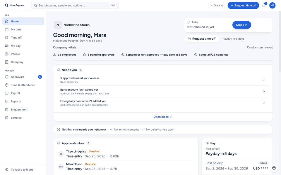 HourSquare home for a company owner, with demo data: company vitals, a “Needs you” list led by the approvals waiting, then the approvals inbox and pay cards, next to the You and Manage sidebar.