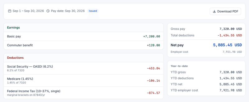 An employee’s September payslip in HourSquare: earnings, deductions, gross, net pay and employer cost (demo data).