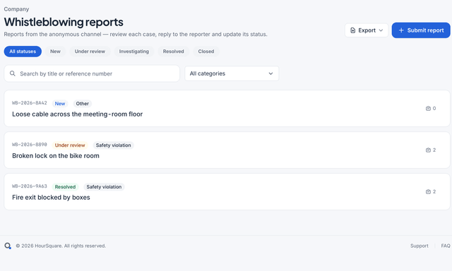 The Speak up inbox in HourSquare: three anonymous reports, each with its reference number, status and category (demo data).