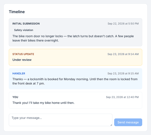 The anonymous reporter’s view of a Speak up case in HourSquare: the report, a status update, the handler’s reply and the reporter’s answer — no name anywhere (demo data).