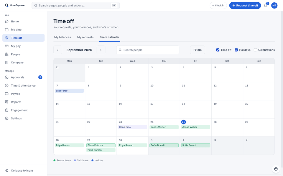 HourSquare team calendar for September, with demo data: approved and pending time off, sick leave and a public holiday.
